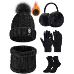 Jexnovashop - 5 pi�ces ensemble de ski d�hiver de femme tricot�s ensemble d'hiver bonnet chaude echarpe ...