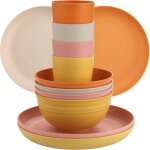 Kalanka - ensemble de vaisselle 12 pices 4(assiettes + bols + verres) en plastique sans bpa lger, incassable ...