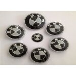 Kit 7 badge embleme logo bmw carbone - capot82mm + coffre82mm + volant + 4 68mm cache jante
