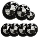 Kit 7 badge logo embleme bmw carbone noir gris capot 82mm + coffre 74mm + volant + 4 x cache moyeu