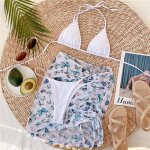 Maillot de bain brsilien imprim floral, 3 pices, maille, triangle, micro, string, taille haute, ensemble ...