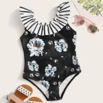 Maillot de bain enfant petite fille maillot de bain une pice mignon imprim et dentelle plis se136
