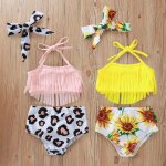 Maillot de bain imprimé tournesol pour enfants, haut court + short léopard, uni, col licou, bikini, tenue ... Maillot de bain imprimé tournesol pour enfants, haut court + short léopard, uni, col licou, bikini, tenue ...