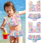Maillot de bain imprim arc - en - ciel pour filles, deux pices, a volants, dinosaure, schage rapide ...