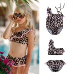 Maillot de bain imprim lopard pour bb, ensemble deux pices, a volants, avec pompons, epaules dnudes, ...