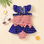 Maillot de bain une pice pour bb fille, imprim a rayures etoiles, avec nud mignon, pour enfant