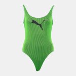 Maillot de bain une pice a rayures vert fluo logo noir femme puma