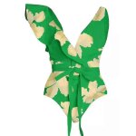 Maillot de bain une pièce taille haute a volants et motif floral hawaïen pour femme, avec long paréo, ... Maillot de bain une pièce taille haute a volants et motif floral hawaïen pour femme, avec long paréo, ...