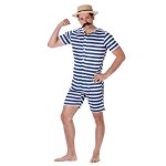 Maillot de bain rétro rayé bleu et blanc homme large chapeau inclus Maillot de bain rétro rayé bleu et blanc homme large chapeau inclus