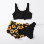 Maillot de bain trois pices pour filles, imprim floral, tournesol, sans manches, couleur unie, avec ...