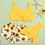 Maillot de bain trois pices pour filles, a la mode, joli motif crois, tournesol, imprim floral, vtements ...