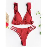 Maillot de bain a volants, matriel brillant, bikini, micro, solide, ajour, dos nu, string, a volants, ...