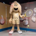 Mascotte redbrokoly de personnage de costume de raquette de tennis beige habillé avec un pantalon capri ... Mascotte redbrokoly de personnage de costume de raquette de tennis beige habillé avec un pantalon capri ...