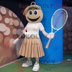 Mascotte redbrokoly de personnage de raquette de tennis beige habillé avec une jupe longue et des bretelles ... Mascotte redbrokoly de personnage de raquette de tennis beige habillé avec une jupe longue et des bretelles ...