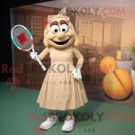 Mascotte redbrokoly de personnage de raquette de tennis beige habill� avec une jupe longue et des bretelles ...
