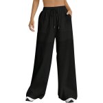 Pantalon large femme fluide et ample cordon elastique taille haute poche longue yoga pantalons leger ...
