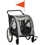 Remorque vlo jogger 2 en 1 pour animaux drapeau roue avant pivotante rflecteurs gris noir