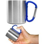 Tasse de camping robuste avec poigne a mousqueton, en acier inoxydable, 250 ml (argent / bleu)