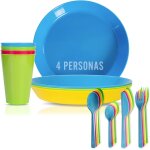 Tianyi - . lot de 4 assiettes en plastique dur réutilisables + 4 verres + couverts de camping pour 4 ... Tianyi - . lot de 4 assiettes en plastique dur réutilisables + 4 verres + couverts de camping pour 4 ...