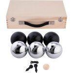 010208 - coffret de ptanque en bois de luxe - bois naturel - 74 mm - 6 boules (3 grises, 3 noires), ...