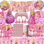 145pcs decoration anniversaire peach, princess party vaisselle, princess vaisselle d'anniversaire pour ...