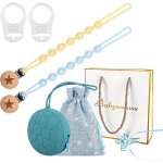 2 attache tetine + 1 porte tetine bleu + 2 adaptateurs + 1 pochette + 1 ruban + 1 sac cadeau