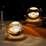 3pack veilleuse 3d boule de cristal pour enfants avec base en bois - lampe led (syst�me solaire - saturne ...