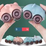 4pcs mignon dessin anim� forme d'animal poussant coulissant magn�tique voiture educatif enfants toy a ...
