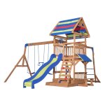 Aire de jeux en bois avec balan�oire / toboggan / bac de sable / pique - niquer maisonnette en bois - ...