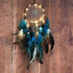 Arbre de vie bleu dream cher avec plumes, guirlande lumineuse led mobile faite a la main, filet circulaire ...