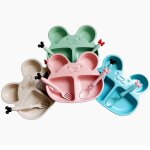 Assiettes en paille de bl pour bb, bol d'entranement, cuillre et fourchette, ours mignon, ensemble ...