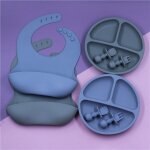Assiettes en silicone pour b�b�, 4 pi�ces, bavoirs imperm�ables, cuill�re, fourchette, ensembles de vaisselle ...