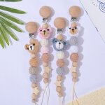 Attache - sucette en bois pour bébé, jouet de dentition, unisexe, garçon et fille, ours en crochet, perle, ... Attache - sucette en bois pour bébé, jouet de dentition, unisexe, garçon et fille, ours en crochet, perle, ...
