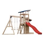 Axi malik aire de jeux en bois avec 2 balan�oires, toboggan rouge / aire de jeux ext�rieur avec bac a ...