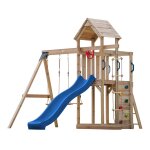 Axi moos aire de jeux en bois avec 2 balan�oires, echelle en corde, toboggan bleu / aire de jeux ext�rieur ...