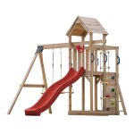 Axi moos aire de jeux en bois avec 2 balan�oires, echelle en corde, toboggan rouge / aire de jeux ext�rieur ...