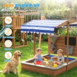 Bac a sable en bois ext�rieur pour enfants 3 - 10 ans, avec couvercle, tableau noir, robinet, 2 bassin, ...