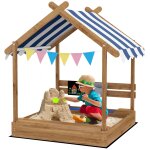 Bac a sable bois forme de maison auvent 2 bacs evier tableau noir fanions