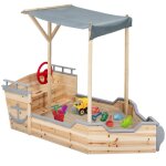 Bac a sable world bois bateau de pirate avec banc coffre et toit gris