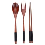 Baguettes en bois cuillre fourchette vaisselle vaisselle 3 pices ensemble (avec fil noir)