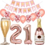 Ballons 21 ans anniversaire femme, decoration anniversaire 21 ans or rose, ballon bouteille de vin ballon ...