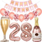 Ballons 28 ans anniversaire femme, decoration anniversaire 28 ans or rose, ballon bouteille de vin ballon ...