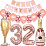 Ballons 32 ans anniversaire femme, decoration anniversaire 32 ans or rose, ballon bouteille de vin ballon ...