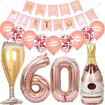 Ballons 60 ans anniversaire femme, decoration anniversaire 60 ans or rose, ballon bouteille de vin ballon ...