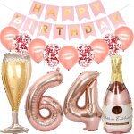 Ballons 64 ans anniversaire femme, decoration anniversaire 64 ans or rose, ballon bouteille de vin ballon ...