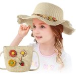 (beige) chapeau de paille pour filles, protection solaire et pochette avec d�coration florale, protection ...