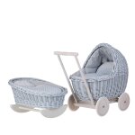 Un bel ensemble blue - landau - poussette en osier + berceau en osier pour poupe