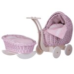 Un bel ensemble lili - poussette + berceau en osier pour poupe rose