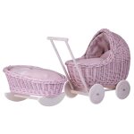 Un bel ensemble rose - poussette + berceau en osier pour poupe