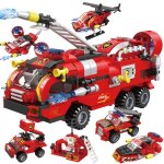 Blocs de construction 6 en 1 pour enfants, 387 pices, camion de lutte contre l'incendie, voiture, hlicoptre ...